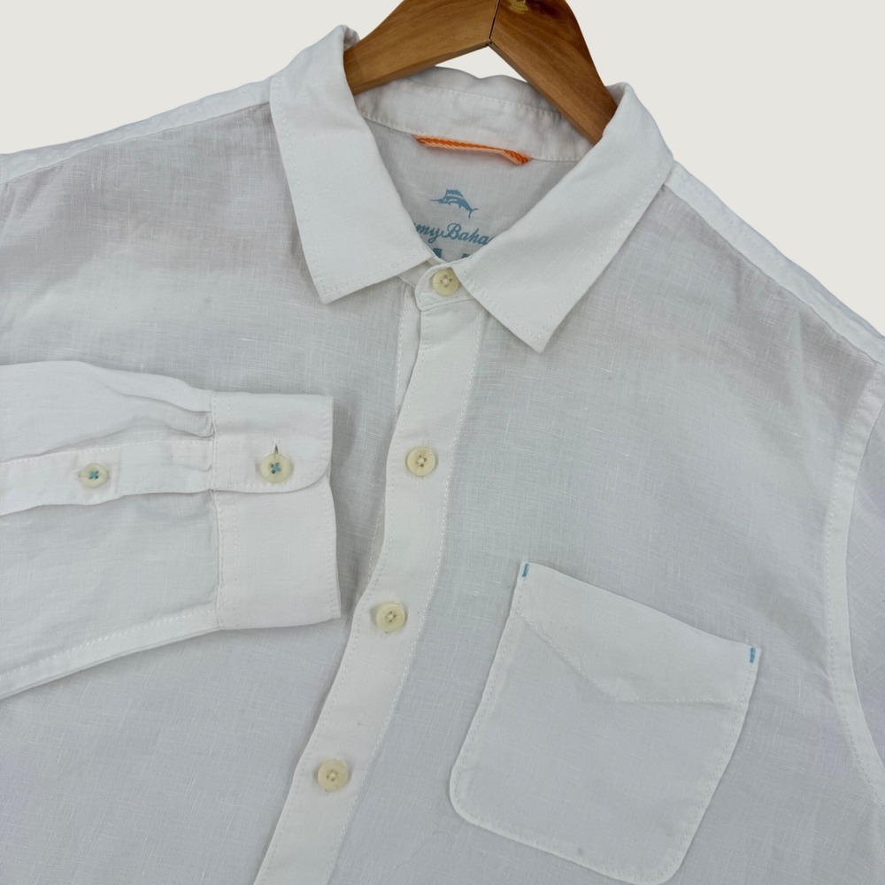 Tommy Bahama Relax Shirt Mens XXL White 100% Linen Long Sleeve Button Down Logo